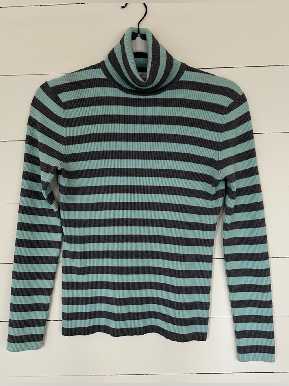 LOFT Aqua and Gray Stripe Ribbed Turtleneck Size Medium.
